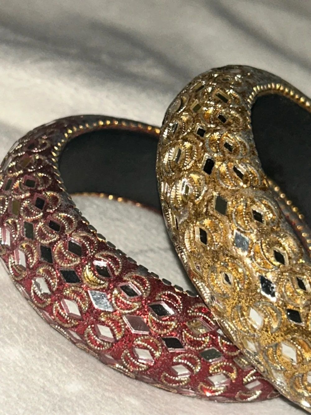 Vintage Stackable Domed Filigree Mirrored Bangle Set - Gold, Silver, Purple, Red